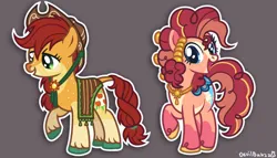Size: 812x463 | Tagged: safe, artist:devilbunzz, derpibooru import, part of a set, applejack, pinkie pie, earth pony, pony, alternate color palette, alternate cutie mark, alternate design, alternate hair color, alternate tail color, alternate tailstyle, alternate universe, applejack's hat, blaze (coat marking), blue eyes, body freckles, braid, braided ponytail, braided tail, cape, clothes, coat markings, colored belly, colored hooves, colored muzzle, cowboy hat, curly mane, curly tail, draw over, duo, duo female, facial markings, female, freckles, g4, gray background, green eyes, hat, image, leonine tail, lidded eyes, long mane, long tail, looking at you, mare, mealy mouth (coat marking), multicolored mane, multicolored tail, open mouth, open smile, outline, pale belly, peytral, pink coat, pink mane, pink tail, png, ponytail, raised hoof, red mane, red tail, signature, simple background, smiling, smiling at you, snip (coat marking), socks (coat marking), standing, tail, tied mane, tied tail, two toned mane, unshorn fetlocks, wall of tags, yellow coat