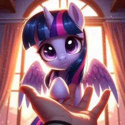 Size: 1024x1024 | Tagged: safe, ai content, derpibooru import, machine learning generated, twilight sparkle, twilight sparkle (alicorn), alicorn, human, pony, cute, female, g4, generator:dall-e 3, hand, hoof hold, image, jpeg, looking at you, mare, twiabetes, window