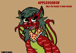 Size: 878x616 | Tagged: safe, artist:tmntfan85, derpibooru import, oc, oc:apple scorch, unofficial characters only, dracony, hybrid, brown background, clothes, female, freckles, granny smith's shawl, image, interspecies offspring, looking at you, name, offspring, open mouth, open smile, parent:applejack, parent:spike, parents:applespike, png, scarf, sharp teeth, simple background, smiling, smiling at you, teeth