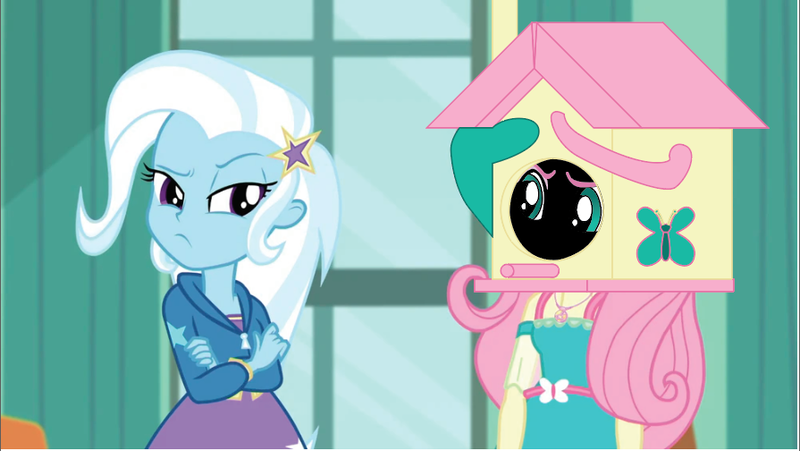 Size: 895x504 | Tagged: safe, artist:polorenzielephant, derpibooru import, edit, edited screencap, screencap, fluttershy, trixie, human, a little birdie told me, equestria girls, equestria girls series, bird house, context is for the weak, g4, geode of fauna, image, magical geodes, object head, png, wat