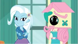 Size: 895x504 | Tagged: safe, artist:polorenzielephant, derpibooru import, edit, edited screencap, screencap, fluttershy, trixie, human, a little birdie told me, equestria girls, equestria girls series, bird house, context is for the weak, g4, geode of fauna, image, magical geodes, object head, png, wat