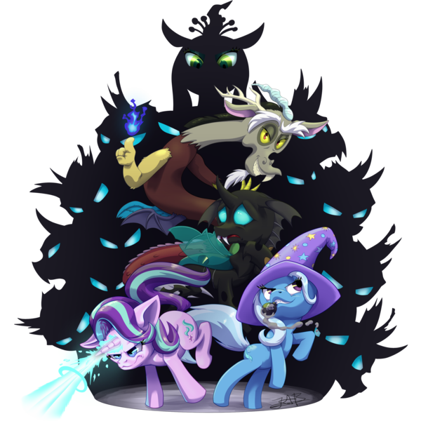 Size: 2854x2854 | Tagged: safe, artist:turkojar, derpibooru import, discord, queen chrysalis, starlight glimmer, thorax, trixie, changeling, changeling queen, draconequus, pony, unicorn, to where and back again, blast, female, fire, furrowed brow, g4, glow, glowing eyes, grin, horn, image, looking at you, magic, magic blast, male, mare, mouth hold, png, rearing, reformed four, silhouette, simple background, smiling, smoke bomb, transparent background