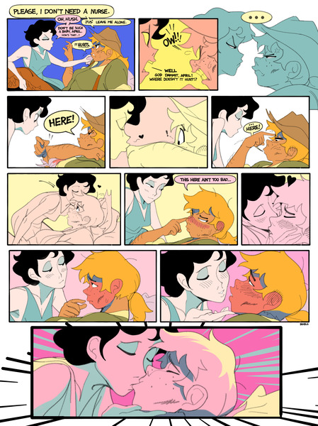 Size: 2551x3409 | Tagged: safe, artist:bixels, derpibooru import, applejack, rarity, human, ..., alternate name, blush lines, blushing, comic, dialogue, duo, duo female, female, forehead kiss, high res, humanized, image, jpeg, kiss on the lips, kissing, lesbian, natural hair color, rarijack, red face, shipping, speech bubble, the grand galloping 20s