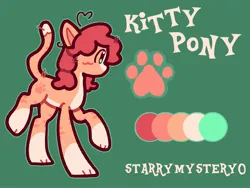 Size: 2000x1500 | Tagged: safe, artist:starrymysteryy, derpibooru import, oc, unofficial characters only, cat, cat pony, original species, pony, blushing, cat tail, female, green background, image, jpeg, mare, paws, reference sheet, simple background, solo, tail