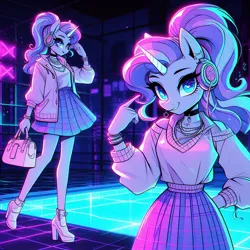 Size: 1024x1024 | Tagged: safe, ai content, derpibooru import, machine learning generated, rarity, anthro, unicorn, adorasexy, bag, choker, clothes, collar, cute, female, handbag, headphones, high heels, horn, image, jacket, jpeg, looking at you, pointing at self, pose, prompter:horselover fat, purse, sexy, shoes, skirt, standing, swimming pool, synthpunk, vaporwave