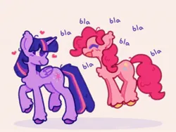 Size: 2048x1536 | Tagged: safe, artist:starrymysteryy, derpibooru import, pinkie pie, twilight sparkle, twilight sparkle (alicorn), alicorn, earth pony, pony, blah blah blah, blushing, chest fluff, dialogue, ear tufts, female, heart, image, jpeg, lesbian, mare, shipping, simple background, twinkie, unshorn fetlocks, white background