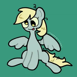 Size: 2048x2048 | Tagged: safe, artist:starrymysteryy, derpibooru import, derpy hooves, pegasus, pony, derp, female, g4, green background, image, jpeg, mare, simple background, sitting, solo, spread wings, tongue out, wings