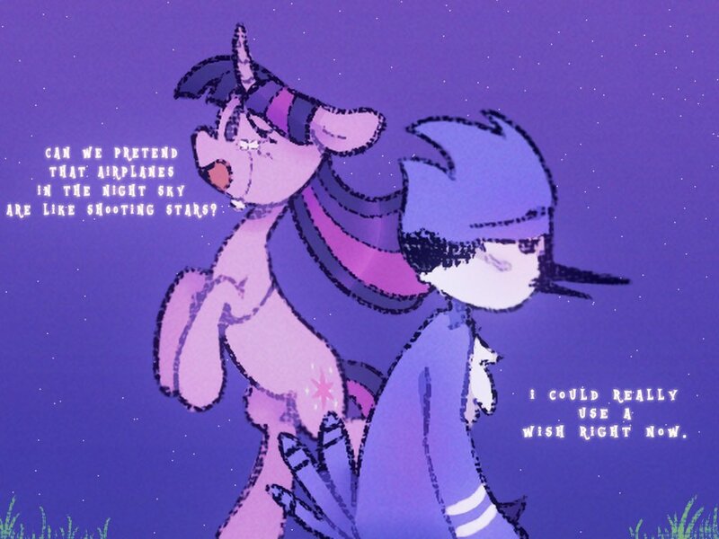 Size: 1024x768 | Tagged: safe, artist:starrymysteryy, derpibooru import, twilight sparkle, bird, blue jay, pony, unicorn, airplanes (song), chest fluff, crossover, crossover shipping, crying, duo, female, image, jpeg, lyrics, male, mare, mordecai, mordetwi, rearing, regular show, shipping, singing, stars, straight, text, unicorn twilight