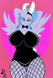Size: 1519x2223 | Tagged: suggestive, derpibooru import, oc, oc:sapphire crystal, unofficial characters only, anthro, arm behind head, bedroom eyes, big breasts, bowtie, braid, breasts, bunny suit, cameltoe, clothes, fishnet clothing, fishnets, image, png, socks, stockings, thigh highs, wide hips
