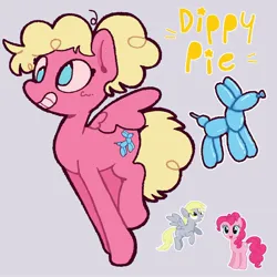Size: 2048x2048 | Tagged: safe, artist:starrymysteryy, derpibooru import, derpy hooves, pinkie pie, oc, oc:dippy pie, earth pony, pegasus, pony, balloon, balloon animal, derp, female, flying, fusion, fusion:derpy hooves, fusion:pinkie pie, image, jpeg, mare