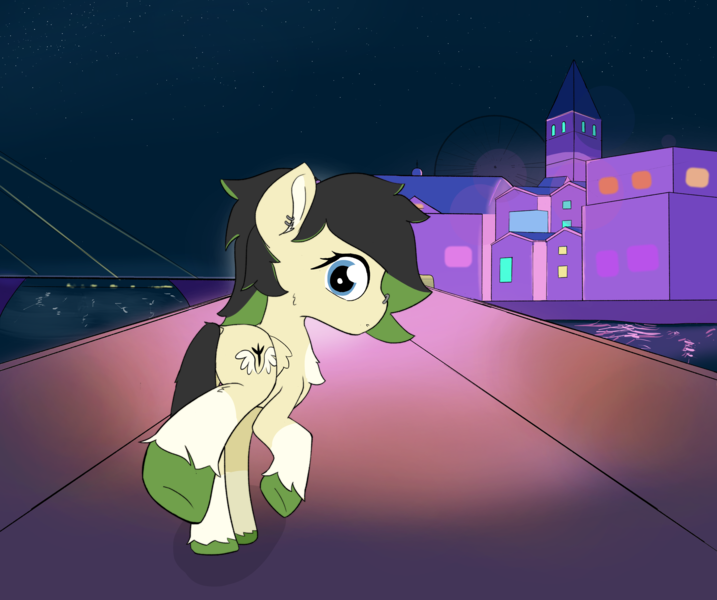 Size: 2582x2162 | Tagged: safe, artist:marrsund, derpibooru import, oc, unofficial characters only, pegasus, pony, chest fluff, city, cityscape, ear piercing, ferris wheel, image, night, nose piercing, piercing, png, unshorn fetlocks