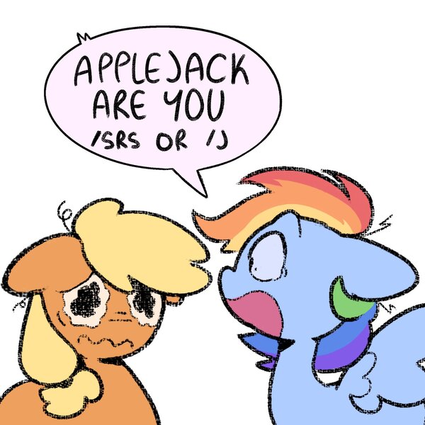 Size: 2048x2048 | Tagged: safe, artist:starrymysteryy, derpibooru import, applejack, rainbow dash, earth pony, pegasus, pony, dialogue, duo, female, g4, image, jpeg, mare, simple background, speech bubble, teary eyes, white background