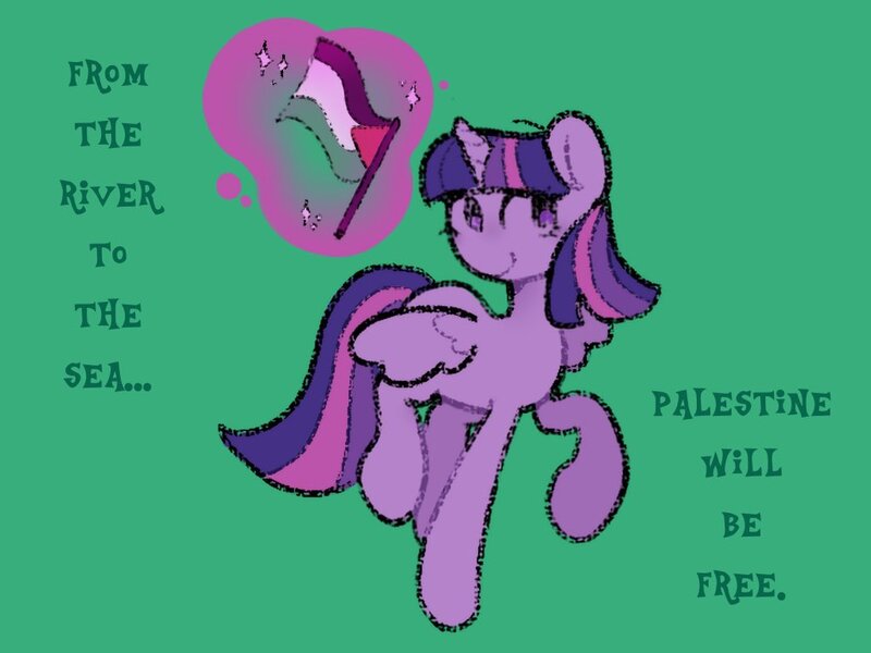 Size: 1024x768 | Tagged: safe, artist:starrymysteryy, derpibooru import, twilight sparkle, twilight sparkle (alicorn), alicorn, pony, female, green background, image, jpeg, magic, mare, mouthpiece, palestine, palestinian flag, politics, simple background, solo, telekinesis, text