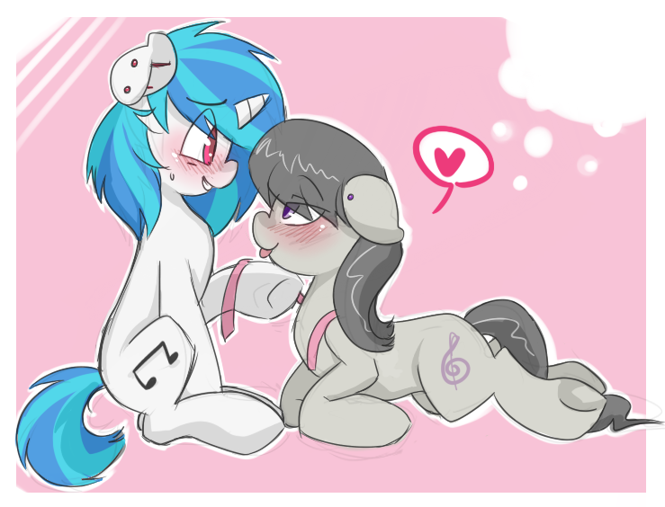 Size: 739x564 | Tagged: artist needed, safe, derpibooru import, octavia melody, vinyl scratch, earth pony, unicorn, blushing, bowtie, ear piercing, female, g4, heart, horn, image, lesbian, piercing, png, scratchtavia, shipping