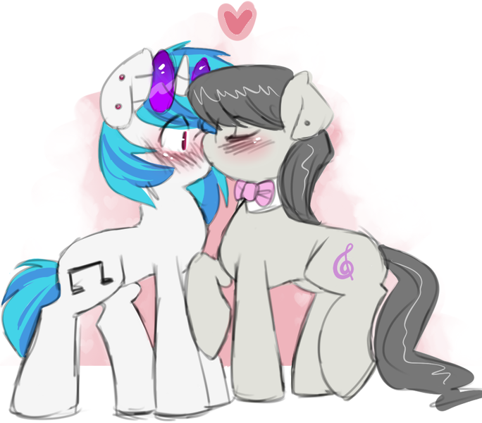 Size: 859x754 | Tagged: artist needed, safe, derpibooru import, octavia melody, vinyl scratch, earth pony, unicorn, blushing, bowtie, ear piercing, female, g4, glasses, heart, horn, image, kissing, lesbian, piercing, png, scratchtavia, shipping