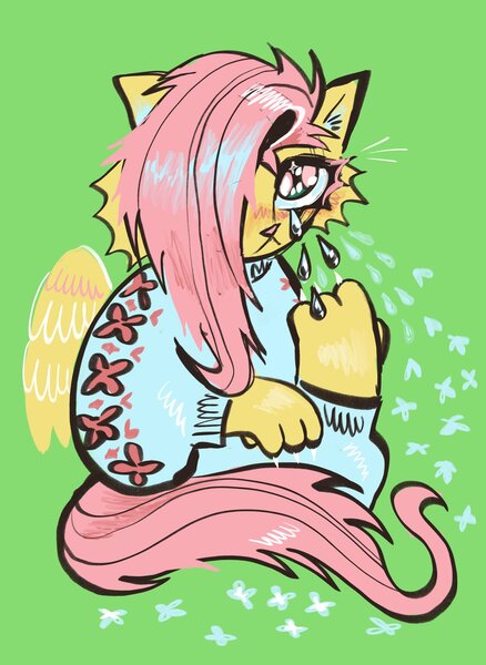 Size: 1494x2048 | Tagged: safe, artist:drawswithpaws, derpibooru import, fluttershy, anthro, cat, catified, crying, green background, image, jpeg, simple background, solo, species swap