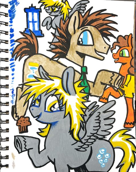 Size: 1624x2048 | Tagged: safe, artist:wolfsrain2003, derpibooru import, cheese sandwich, derpy hooves, doctor whooves, time turner, earth pony, pegasus, pony, image, jpeg, smiling, traditional art
