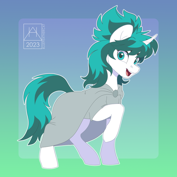 Size: 2160x2160 | Tagged: safe, artist:bluefeathercat, oc, oc:tundral gale, pony, unicorn, cape, cloak, clothes, commissioner:wolvan, curved horn, female, gradient background, green background, horn, image, looking at you, mare, open mouth, passepartout, png, raised hoof, signature, simple background, solo