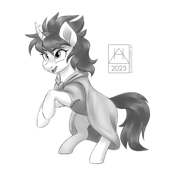 Size: 2160x2160 | Tagged: safe, artist:bluefeathercat, oc, oc:tundral gale, unofficial characters only, pony, unicorn, cape, cloak, clothes, commissioner:wolvan, curved horn, female, grayscale, horn, image, mare, monochrome, png, rearing, signature, simple background, white background