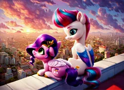 Size: 5120x3712 | Tagged: safe, ai content, derpibooru import, machine learning generated, prompter:kluknawa235, stable diffusion, pipp petals, zipp storm, pegasus, g5, chest fluff, city, cityscape, cloud, cloudy, ear fluff, flower, generator:pony diffusion v6 xl, generator:purplesmart.ai, image, jpeg, sitting, smiling, sun, sunset