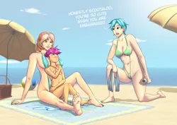 Size: 3508x2480 | Tagged: source needed, suggestive, artist:phobosart, banned from derpibooru, ponerpics import, ponybooru import, aunt holiday, auntie lofty, scootaloo, human, aunt and niece, basket, beach, beach ball, beach towel, beach umbrella, bikini, breasts, cleavage, clothes, covering, dialogue, embarrassed, female, humanized, image, jpeg, lolicon, panties, skimpy outfit, sling bikini, swimsuit, thong, towel, umbrella, underage, underwear