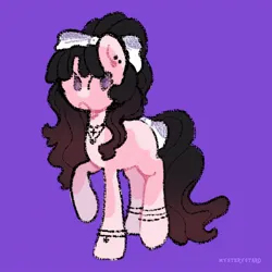 Size: 2048x2048 | Tagged: safe, artist:starrymysteryy, derpibooru import, oc, oc:dahlia ash, unofficial characters only, earth pony, pony, bow, bracelet, cross, cross necklace, ear piercing, female, hair bow, image, jewelry, jpeg, mare, necklace, piercing, purple background, purple eyes, simple background, solo, tail, tail bow