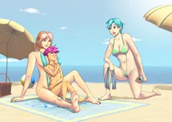 Size: 3508x2480 | Tagged: suggestive, alternate version, artist:phobosart, banned from derpibooru, ponerpics import, ponybooru import, aunt holiday, auntie lofty, scootaloo, aunt and niece, basket, beach, beach ball, beach towel, beach umbrella, bikini, breasts, cleavage, clothes, covering, embarrassed, female, image, jpeg, lolicon, skimpy outfit, sling bikini, swimsuit, towel, umbrella, underage