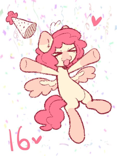 Size: 768x1024 | Tagged: safe, artist:starrymysteryy, derpibooru import, oc, unofficial characters only, pegasus, pony, abstract background, birthday, colored wings, female, floating heart, hat, heart, image, jpeg, mare, party hat, solo, wings