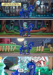 Size: 2171x3070 | Tagged: safe, artist:mysticalpha, derpibooru import, princess luna, alicorn, ghost, pony, undead, unicorn, comic:day in the lives of the royal sisters, barn, colt, comic, dialogue, duo focus, eyes in the dark, female, foal, forest, full moon, graveyard, high res, horn, image, lidded eyes, male, mare, moon, nature, open mouth, open smile, png, ponies riding ponies, portal, riding, riding a pony, smiling, speech bubble, tree