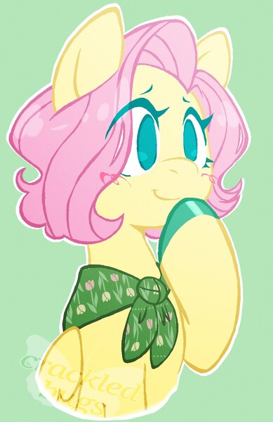 Size: 1160x1788 | Tagged: safe, artist:crackledbugs, derpibooru import, fluttershy, pegasus, pony, alternate hairstyle, female, g4, green background, image, jpeg, mare, neckerchief, short hair, simple background, solo