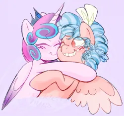 Size: 840x789 | Tagged: safe, artist:crackledbugs, derpibooru import, cozy glow, princess flurry heart, alicorn, pegasus, pony, blushing, bow, female, hair bow, hug, image, jewelry, jpeg, lesbian, mare, regalia, ship:cozyheart, shipping, simple background