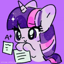Size: 2048x2048 | Tagged: safe, artist:azhiichigo, derpibooru import, twilight sparkle, pony, unicorn, a+, cute, female, image, jpeg, mare, purple background, simple background, solo, twiabetes, unicorn twilight