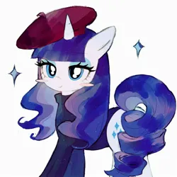 Size: 2048x2048 | Tagged: safe, artist:azhiichigo, derpibooru import, rarity, pony, unicorn, beret, blushing, clothes, female, french rarity, hat, high res, horn, image, jpeg, looking at you, mare, simple background, solo, sweater, turtleneck, white background