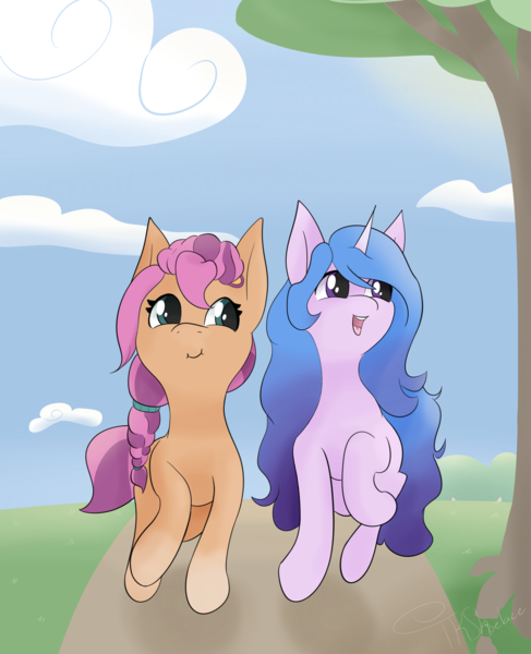 Size: 2916x3592 | Tagged: safe, artist:tkshoelace, derpibooru import, izzy moonbow, sunny starscout, earth pony, pony, unicorn, g5, cloud, cute, duo, duo female, female, horn, image, izzybetes, lesbian, png, ship:moonscout, shipping, sunnybetes, tree, trotting