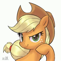 Size: 4000x4000 | Tagged: safe, artist:低能废物, derpibooru import, applejack, earth pony, pony, bust, female, image, jpeg, looking at you, mare, portrait, simple background, smiling, smiling at you, solo, text, white background