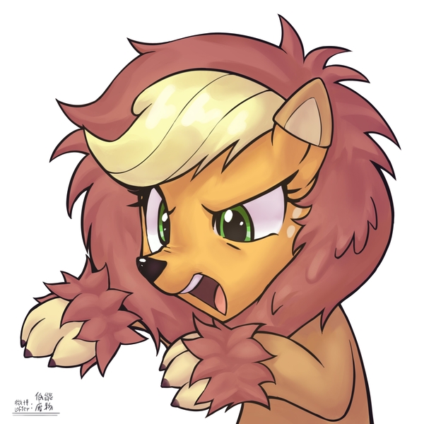 Size: 4000x4000 | Tagged: safe, artist:低能废物, derpibooru import, applejack, earth pony, pony, animal costume, applelion, bust, clothes, costume, female, image, jpeg, lion costume, mare, open mouth, portrait, roar, simple background, solo, text, white background