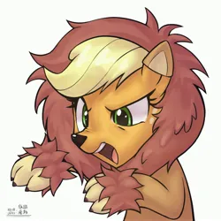 Size: 4000x4000 | Tagged: safe, artist:低能废物, derpibooru import, applejack, earth pony, pony, animal costume, applelion, bust, clothes, costume, female, image, jpeg, lion costume, mare, open mouth, portrait, roar, simple background, solo, text, white background