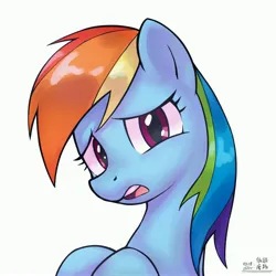 Size: 4000x4000 | Tagged: safe, artist:低能废物, derpibooru import, rainbow dash, pegasus, pony, bust, female, image, jpeg, looking at you, mare, open mouth, portrait, simple background, solo, text, white background, worried