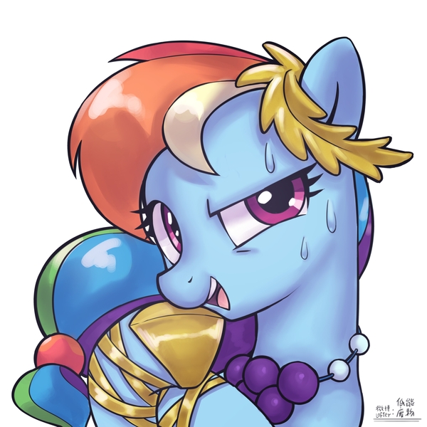 Size: 4000x4000 | Tagged: safe, artist:低能废物, derpibooru import, rainbow dash, pegasus, pony, aside glance, clothes, dress, female, image, jpeg, looking at you, mare, open mouth, sideways glance, simple background, smiling, solo, sweat, text, white background