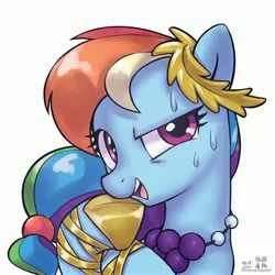 Size: 4000x4000 | Tagged: safe, artist:低能废物, derpibooru import, rainbow dash, pegasus, pony, aside glance, clothes, dress, female, image, jpeg, looking at you, mare, open mouth, sideways glance, simple background, smiling, solo, sweat, text, white background