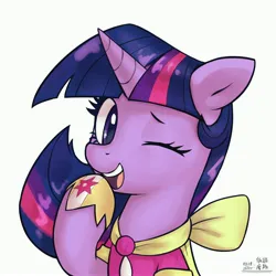Size: 4000x4000 | Tagged: safe, artist:低能废物, derpibooru import, twilight sparkle, pony, unicorn, bust, clothes, dress, female, gala dress, hoof over mouth, horn, image, jpeg, looking at you, mare, one eye closed, portrait, simple background, solo, text, white background, wink, winking at you