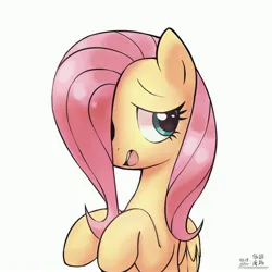Size: 4000x4000 | Tagged: safe, artist:低能废物, derpibooru import, fluttershy, pegasus, pony, bust, female, hair over one eye, image, jpeg, mare, open mouth, portrait, simple background, smiling, solo, text, white background