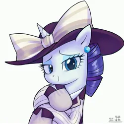 Size: 4000x4000 | Tagged: safe, artist:低能废物, derpibooru import, rarity, pony, unicorn, bust, clothes, female, hat, horn, image, jpeg, looking at you, mare, portrait, simple background, smiling, smiling at you, solo, text, white background