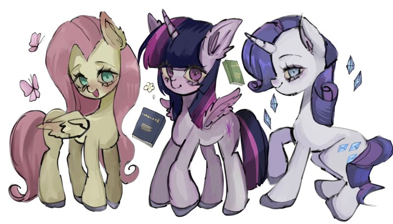 Size: 2048x1164 | Tagged: safe, artist:m09160, derpibooru import, fluttershy, rarity, twilight sparkle, twilight sparkle (alicorn), alicorn, butterfly, insect, pegasus, pony, unicorn, book, female, horn, image, jpeg, mare, simple background, trio, white background