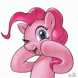 Size: 4000x4000 | Tagged: safe, artist:低能废物, derpibooru import, pinkie pie, earth pony, pony, female, hooves on cheeks, image, jpeg, looking at you, mare, one eye closed, open mouth, simple background, smiling, solo, text, white background, wink, winking at you