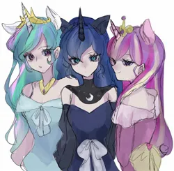 Size: 1950x1914 | Tagged: safe, artist:m09160, derpibooru import, princess cadance, princess celestia, princess luna, human, clothes, dress, eared humanization, female, horn, horned humanization, humanized, image, jewelry, jpeg, peytral, regalia, slit pupils