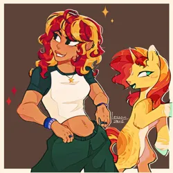 Size: 1280x1280 | Tagged: safe, artist:twiligh7s_bong, derpibooru import, sunset shimmer, human, pony, unicorn, belly button, belly piercing, bipedal, brown background, clothes, ear piercing, earring, female, horn, humanized, image, jewelry, jpeg, mare, necklace, pants, piercing, self paradox, self ponidox, short shirt, simple background, solo, wristband