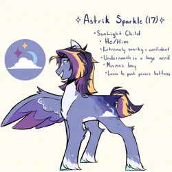 Size: 1280x1280 | Tagged: safe, artist:twiligh7s_bong, derpibooru import, oc, oc:astrik sparkle, unofficial characters only, pegasus, pony, alternate design, amputee, colored wings, image, jpeg, magical lesbian spawn, male, missing wing, next generation, offspring, parent:sunset shimmer, parent:twilight sparkle, parents:sunsetsparkle, pronouns, reference sheet, solo, stallion, twitterina design, unshorn fetlocks, wings