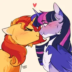 Size: 1280x1280 | Tagged: safe, artist:twiligh7s_bong, derpibooru import, sunset shimmer, twilight sparkle, twilight sparkle (alicorn), alicorn, pony, unicorn, alternate design, blushing, boop, cheek fluff, chest fluff, duo, female, floating heart, heart, horn, image, jpeg, lesbian, mare, nose to nose, shipping, simple background, sunsetsparkle