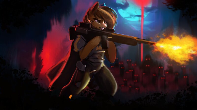 Size: 1920x1080 | Tagged: safe, artist:hierozaki, derpibooru import, oc, oc:prince whateverer, unofficial characters only, pegasus, pony, armor, bipedal, gun, image, jpeg, male, rifle, shooting, solo, stallion, weapon